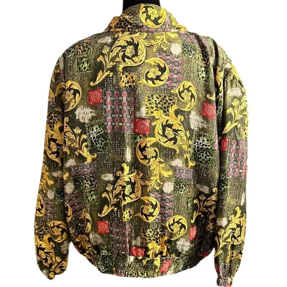 Vintage EVR Baroque Print Silk Bomber Jacket L - Picture 3 of 11